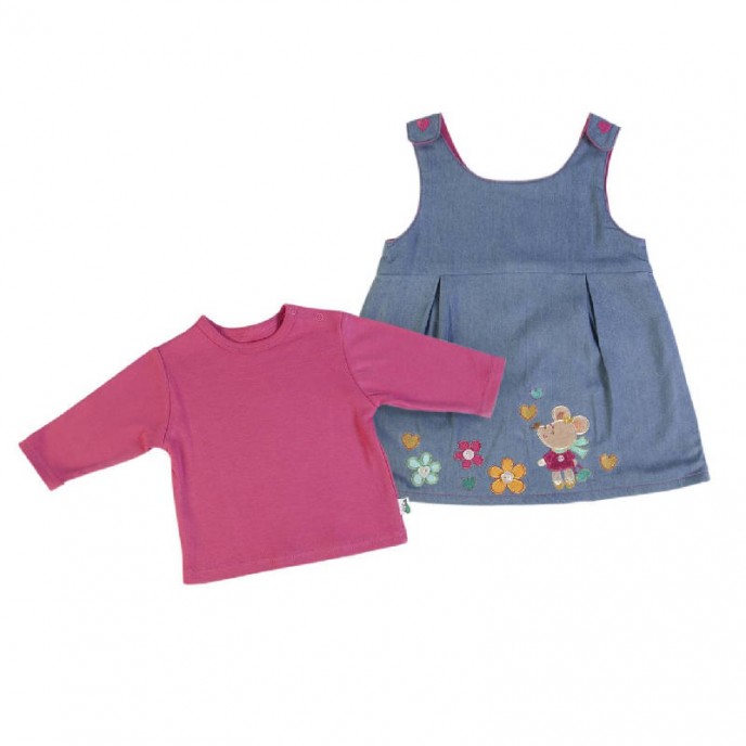 Girls 2pc Set Long Sleeve Fuchsia T-Shirt & Denim Dress