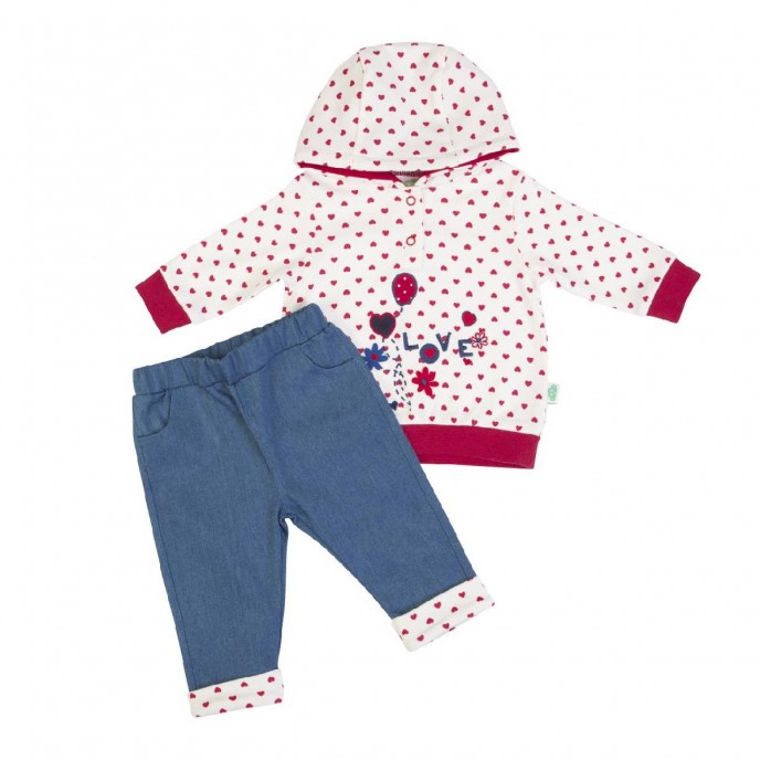 Girls 2pc Hoodie + Jeans Red Hearts