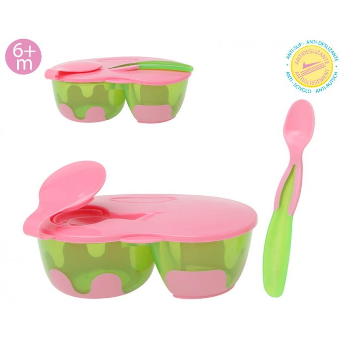 Kiokids Divider Bowl with Lid & Spoon Set Pink
