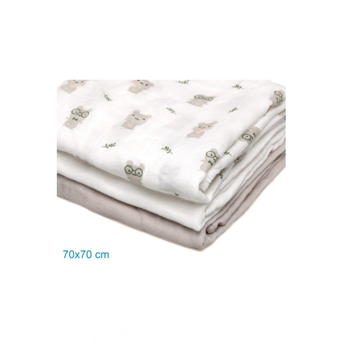 Kiokids Bamboo Muslins 3pk Light Grey Cute