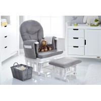 Obaby Reclining Glider Chair and Stool Round White Grey Cushion
