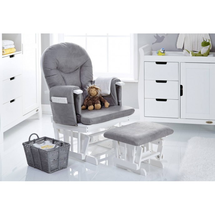 Obaby Reclining Glider Chair and Stool – White with Grey Cushion