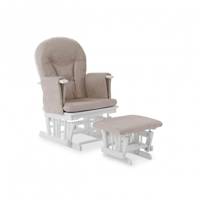 Obaby Reclining Glider Chair and Stool – White with Sand Cushion