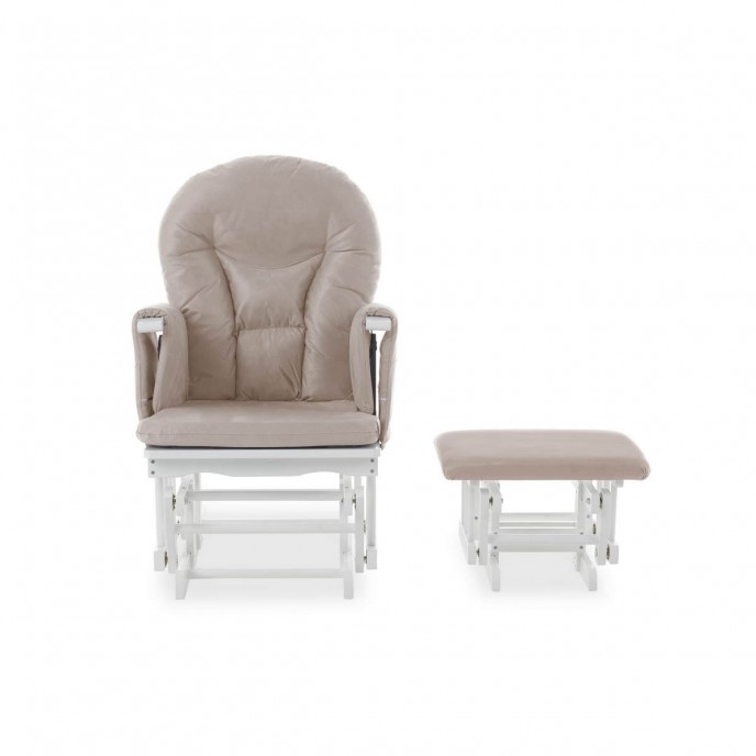 Obaby Reclining Glider Chair and Stool – White with Sand Cushion