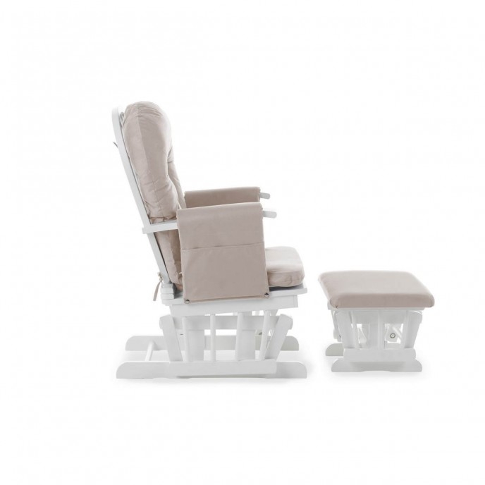 Obaby Reclining Glider Chair and Stool – White with Sand Cushion