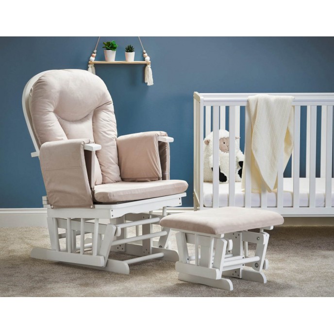 Obaby Reclining Glider Chair and Stool – White with Sand Cushion