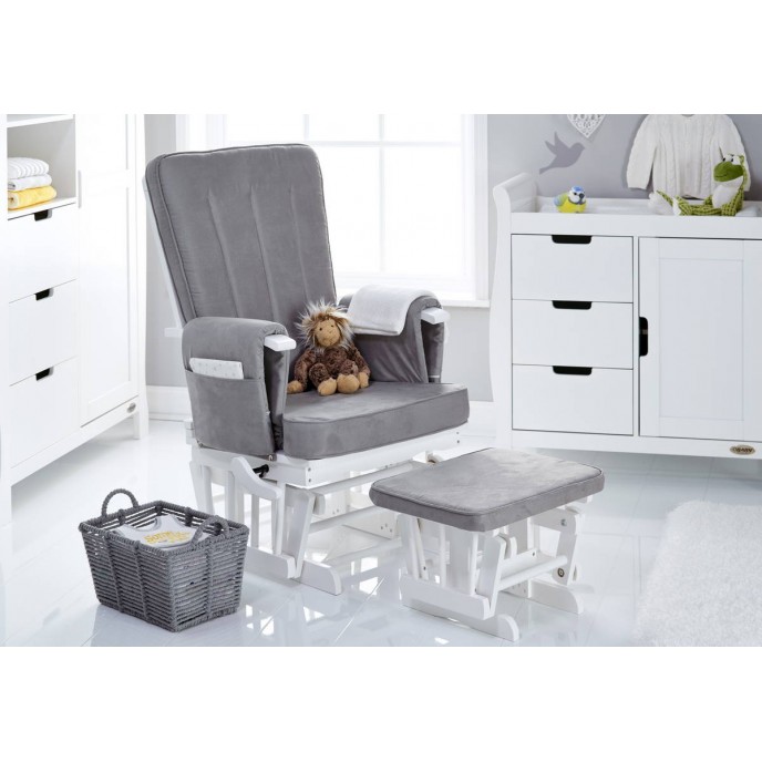 Obaby Deluxe Reclining Glider Chair and Stool – White with Grey Cushion