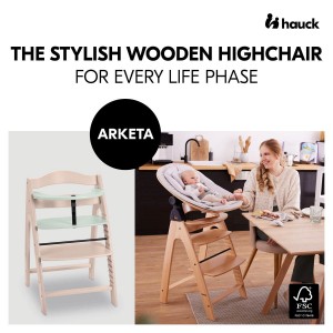 Hauck Arketa Wooden Highchair Beech White Washed and Mint (up to 130kg) Hauck Arketa Wooden Highchair Beech White Washed and Mint (up to 130kg)