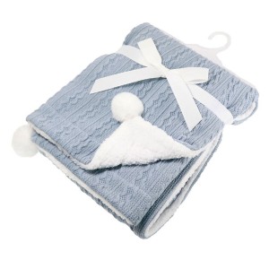 Soft Touch Knitted Fleece Blanket with Pom Trim Blue Soft Touch Knitted Fleece Blanket with Pom Trim Blue