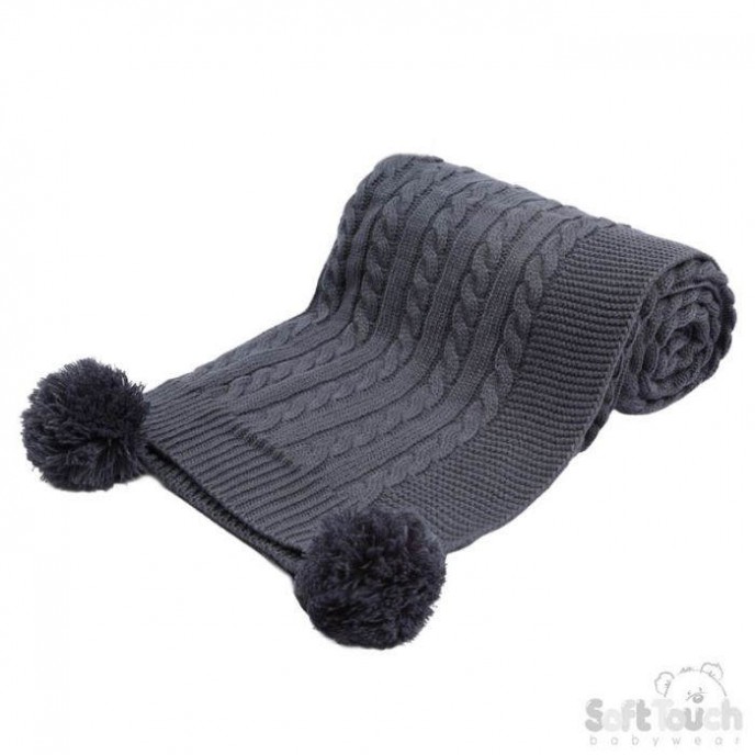 Soft Touch Knit Wrap with Pom Trim Steel Blue