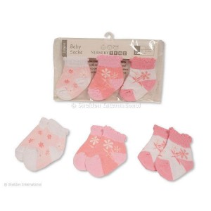 Socks 3pk Pink Flowers 00-03m Socks 3pk Pink Flowers 00-03m