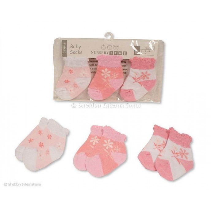 Socks 3pk Pink Flowers 00-03m