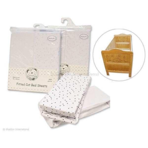 Snuggle Baby Cotton Fitted Sheets 2pk Cotbed White/Grey Stars