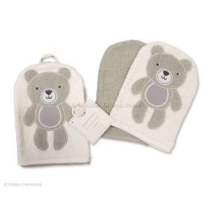 Snuggle Baby Wash Mitts 2pk Teddy Grey/White