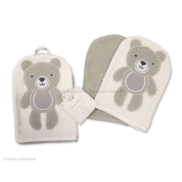 Snuggle Baby Wash Mitts 2pk Teddy Grey/White Snuggle Baby Wash Mitts 2pk Teddy Grey/White