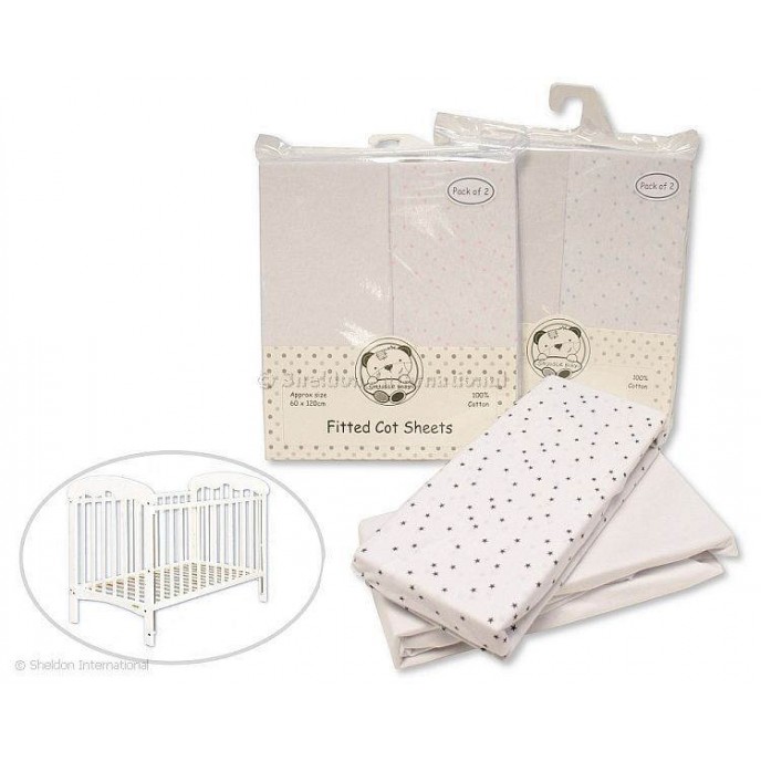 Snuggle Baby Cotton Fitted Sheets 2pk Cot White/Sky Stars