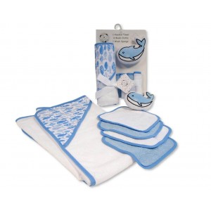 Snuggle Baby Hooded Towel and Cloths Bath Set 6pc Whales