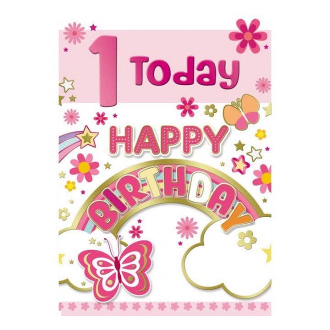 Card Birthday 1 Today Flowers Butterfly Girl
