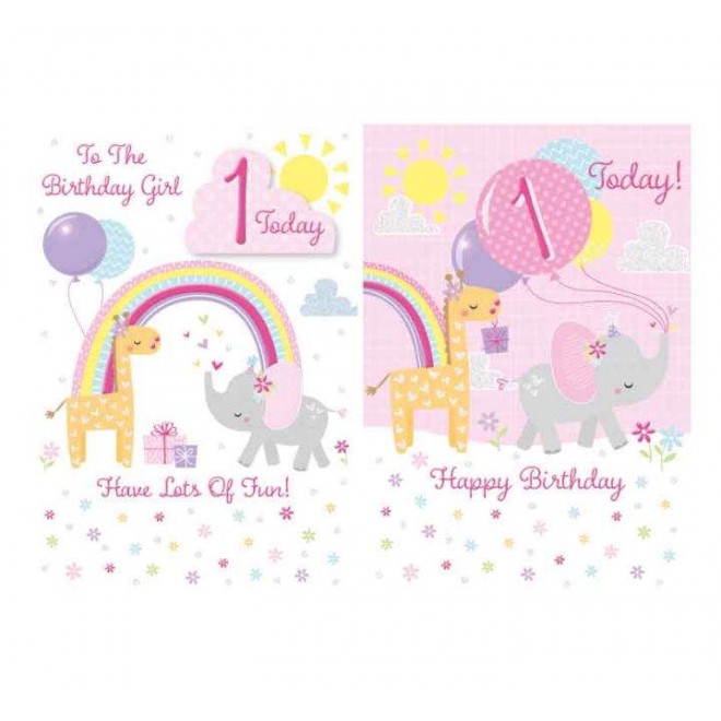 Card Birthday 1 Today Giraffe Elephant Girl