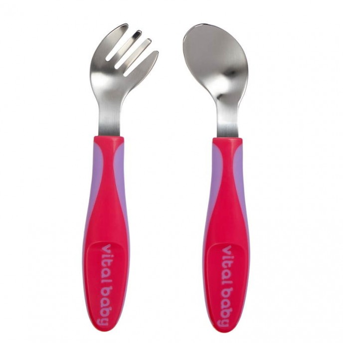Vital Baby Angled Cutlery Fork & Spoon Set Fizz Pink