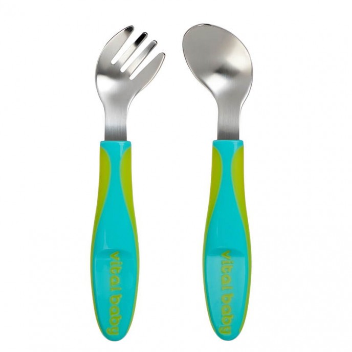 Vital Baby Angled Cutlery Fork & Spoon Set Pop Green