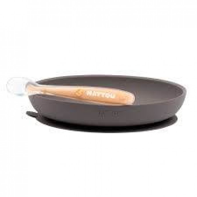 Nattou Silicone Plate and Spoon Eggplant Peach