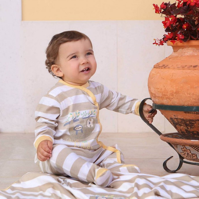 Babygrow Organic Cotton Cream Stripe Sloth 1m Babygrow Organic Cotton Cream Stripe Sloth 1m