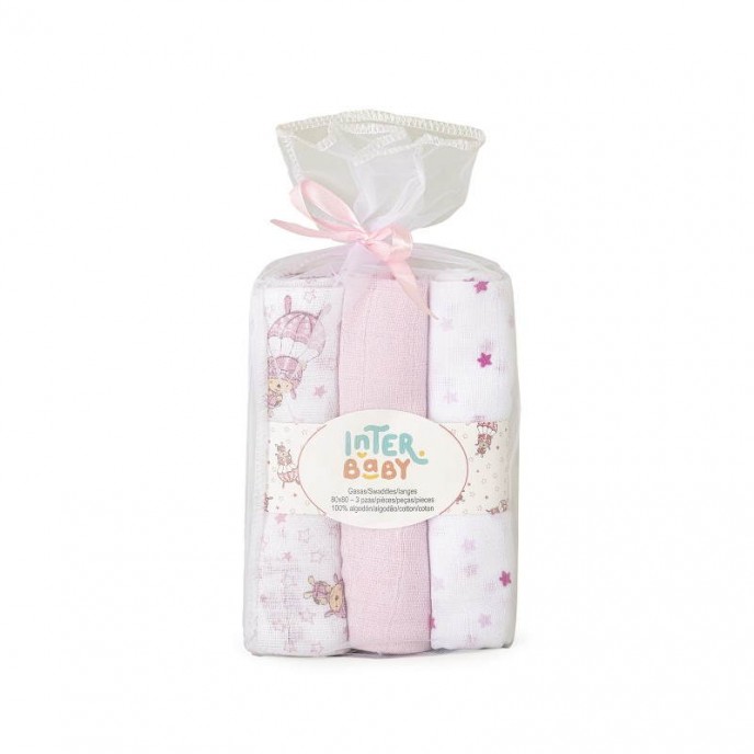 Interbaby Muslins 3pk Parachute Pink Interbaby Muslins 3pk Parachute Pink