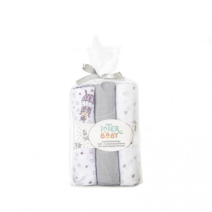 Interbaby Muslins 3pk Parachute Grey Interbaby Muslins 3pk Parachute Grey