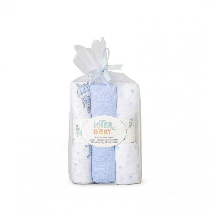 Interbaby Muslins 3pk Parachute Blue Interbaby Muslins 3pk Parachute Blue