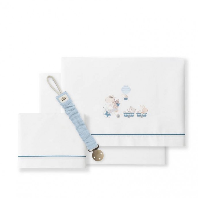 Interbaby Cotton Cot Sheets 3pc Set and Soother Holder Giraffe Blue