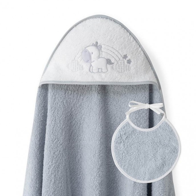 Interbaby Hooded towel and Bib Unicorn Grey