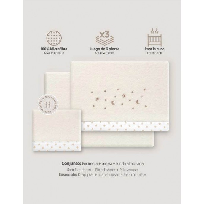 Interbaby Cot Sheets Set Fleece Stars Beige Interbaby Cot Sheets Set Fleece Stars Beige