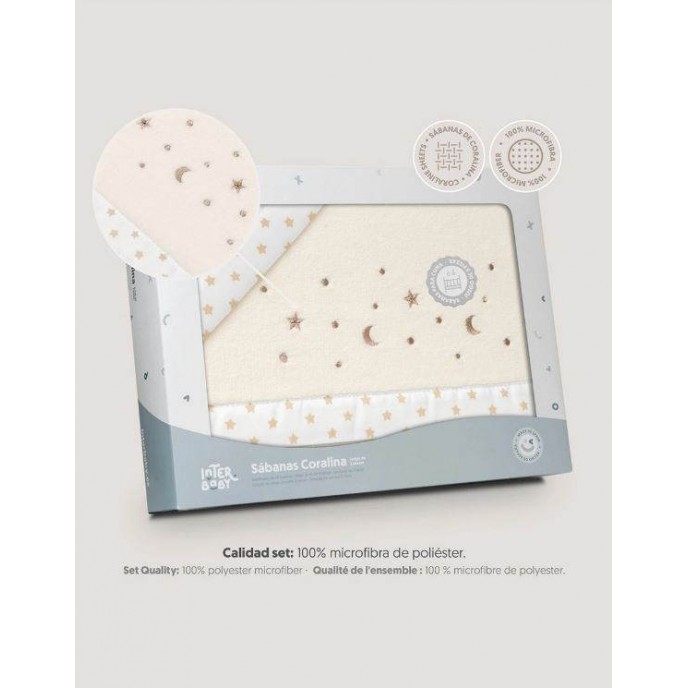 Interbaby Cot Sheets Set Fleece Stars Beige Interbaby Cot Sheets Set Fleece Stars Beige