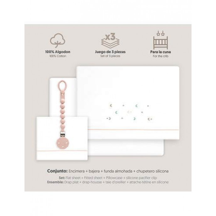 Interbaby Cot Sheets Set Cotton Moon Stars Pink