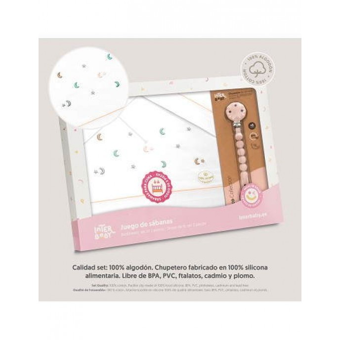 Interbaby Cot Sheets Set Cotton Moon Stars Pink