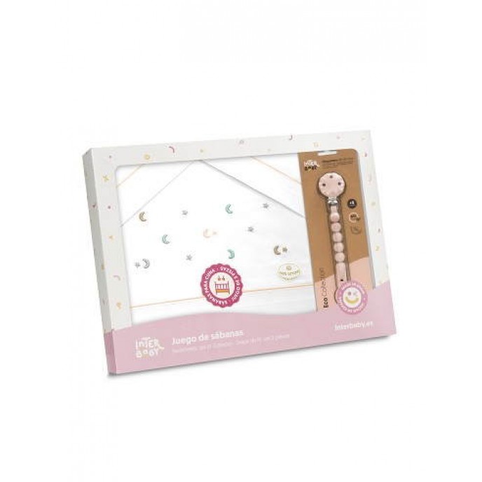 Interbaby Cot Sheets Set Cotton Moon Stars Pink