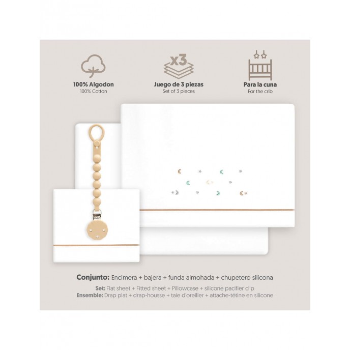 Interbaby Cot Sheets Set Cotton Moon Stars Beige Interbaby Cot Sheets Set Cotton Moon Stars Beige