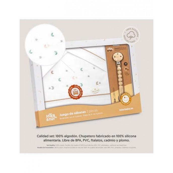 Interbaby Cot Sheets Set Cotton Moon Stars Beige Interbaby Cot Sheets Set Cotton Moon Stars Beige