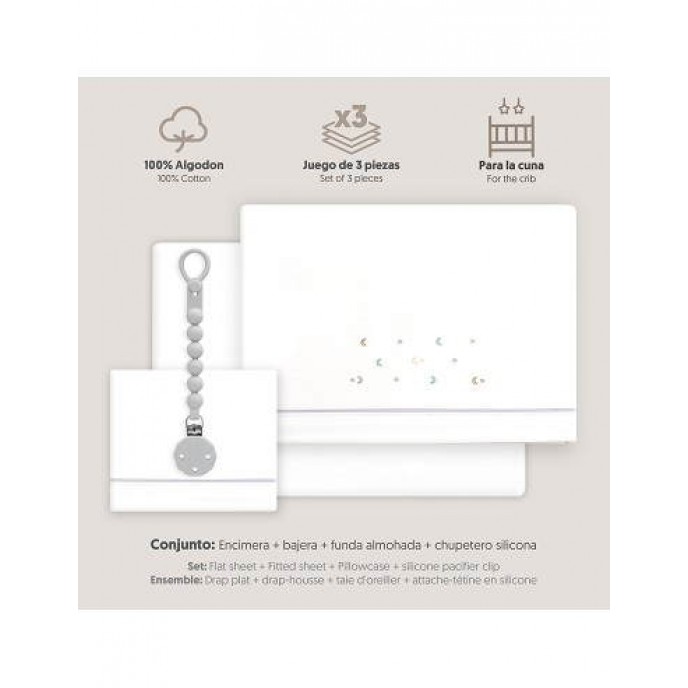 Interbaby Cot Sheets Set Cotton Moon Stars Grey