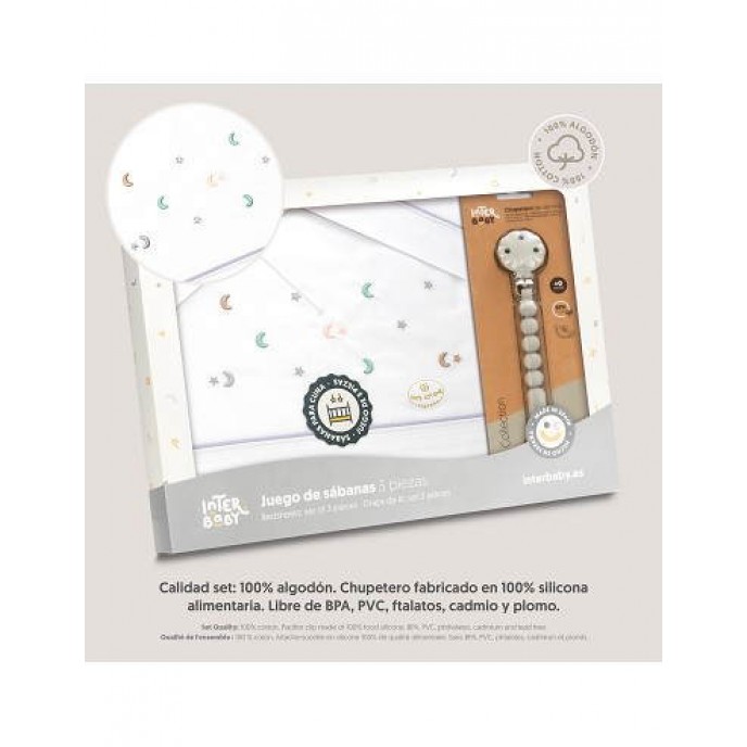 Interbaby Cot Sheets Set Cotton Moon Stars Grey