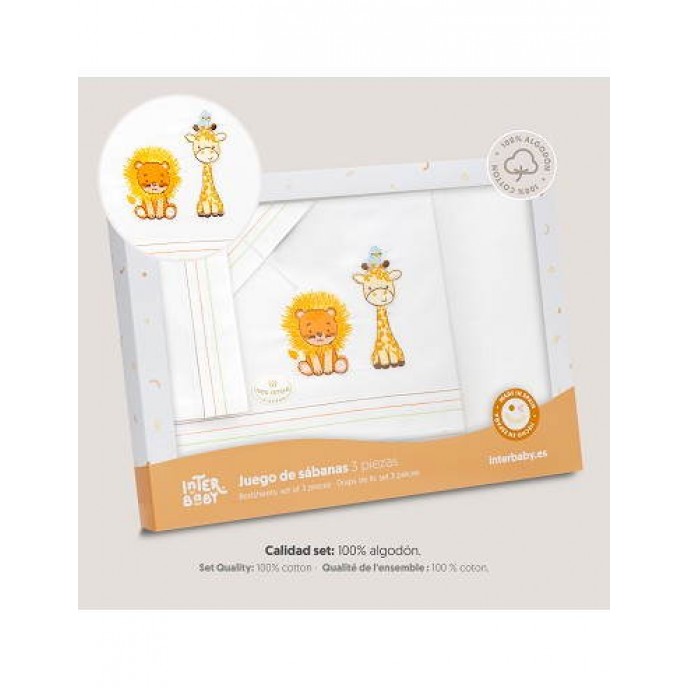 Interbaby Crib Sheets Set Cotton Giraffe Lion White