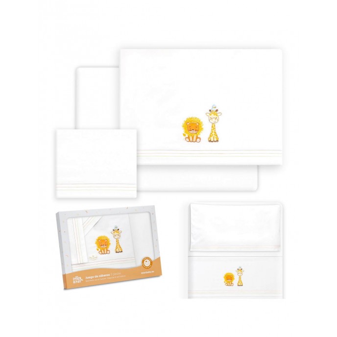 Interbaby Crib Sheets Set Cotton Giraffe Lion White