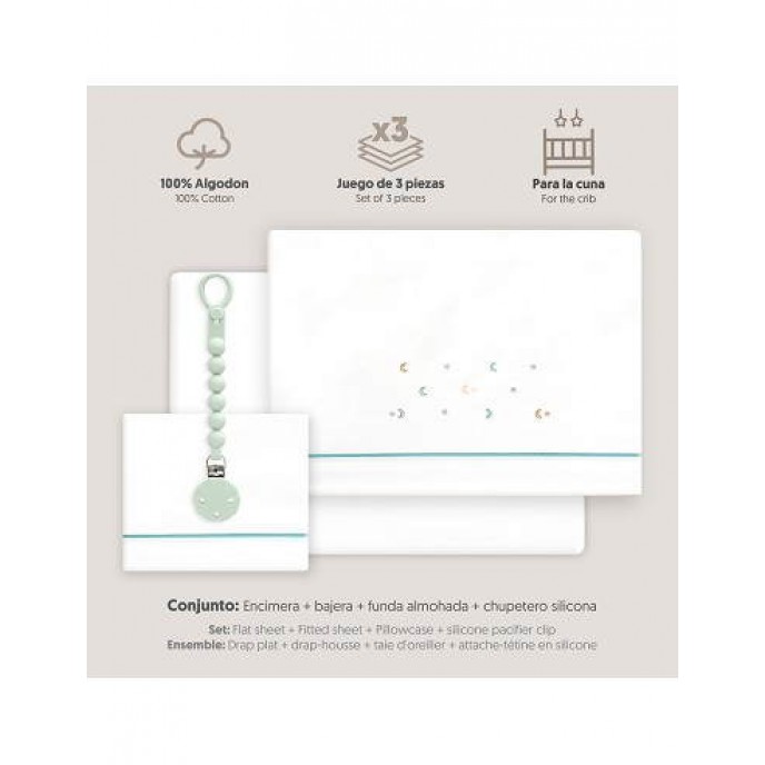 Interbaby Cot Sheets Set Cotton Moon Stars Green