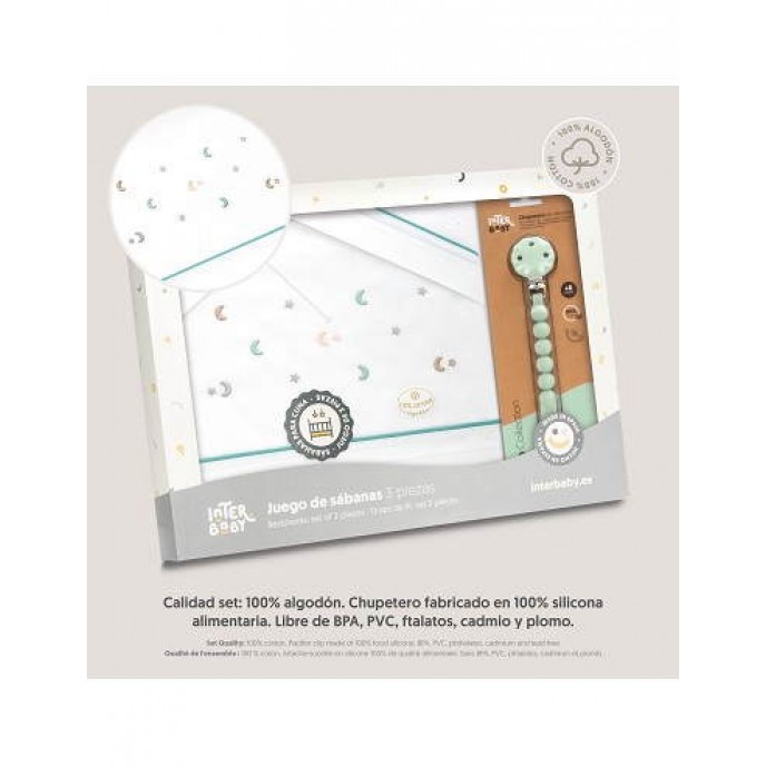 Interbaby Cot Sheets Set Cotton Moon Stars Green