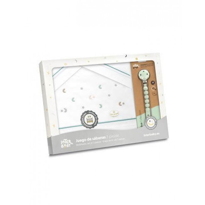 Interbaby Cot Sheets Set Cotton Moon Stars Green