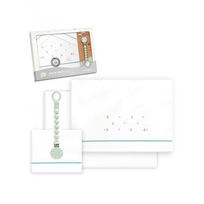 Interbaby Cot Sheets Set Cotton Moon Stars Green