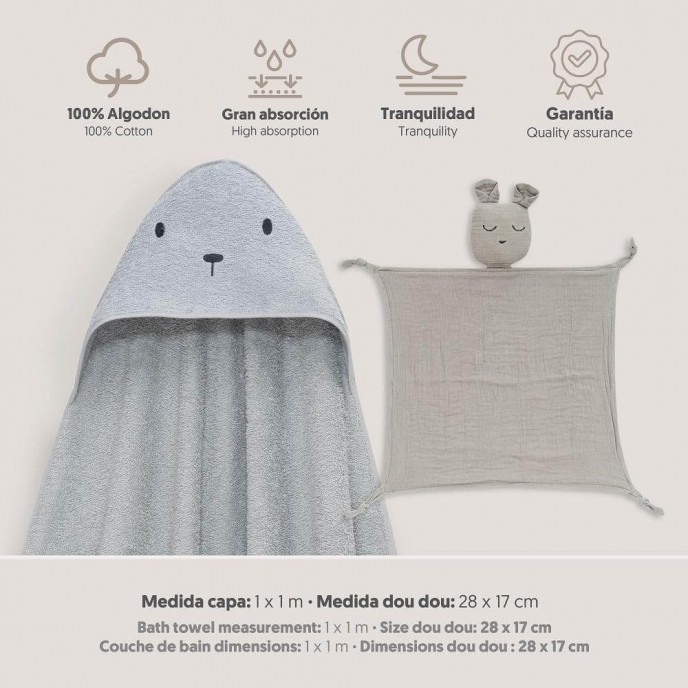 Interbaby Hooded Towel and Doudou Bear Grey Interbaby Hooded Towel and Doudou Bear Grey