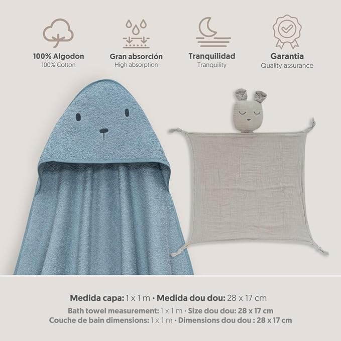 Interbaby Hooded Towel and Doudou Bear Petrol Blue Interbaby Hooded Towel and Doudou Bear Petrol Blue