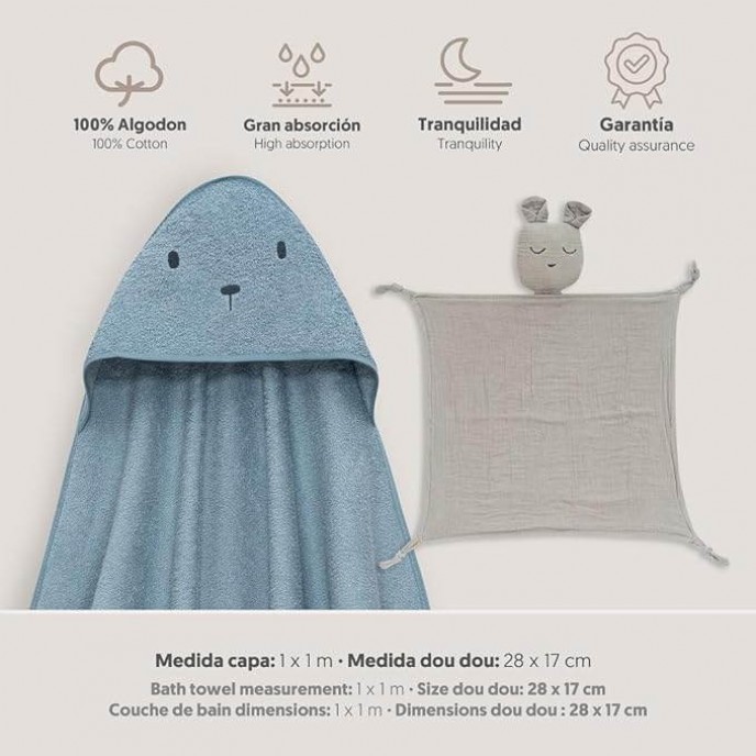 Interbaby Hooded Towel and Doudou Bear Petrol Blue Interbaby Hooded Towel and Doudou Bear Petrol Blue
